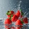 Strawberry water poster, splash of water, Solid color background, AI generated