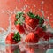 Strawberry water poster, splash of water, Solid color background, AI generated