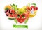 Strawberry, watermelon, carrot and juicy fruits. Funny cartoon characters. 3d vector illustration