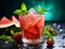 Strawberry and watermelon mojito. Mocktail or coctail with berries and mint leafs. Refreshing red drink on turquoise background.