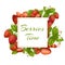 Strawberry whole with leaves and flowers and slices vector cartoon illustration summer frame.