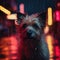 A stray dog in the rain illuminated by a red neon sign. A generative AI photograph realistic illustration of a wet canine.