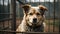 Stray dog sits behind bars in dog shelter and waiting an owner for adoption