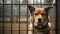 Stray dog sits behind bars in dog shelter and waiting an owner for adoption