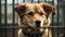 Stray dog sits behind bars in dog shelter and waiting an owner for adoption