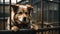 Stray dog stand behind bars in dog shelter and waiting an owner for adoption