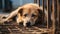 Stray homeless dog in animal shelter cage. Sad abandoned hungry dog behind old rusty grid of the cage in shelter for homeless