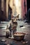 Stray sad and hungry cat on city street, abandoned homeless pet, generative AI