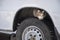 Stray street cat on car wheel. Homeless cat hiding looking for warmth in cold weather life in danger concept