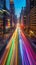 Streaks of colorful light from traffic paint a vibrant scene on a bustling city street at dusk