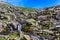 Stream cascades flowing over the rocks in the mountains