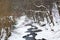 stream flows in the snowy forest