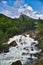 a stream in a forest next to a mountain, on a sunny day