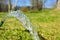 A stream of fresh, clean, cool water from a watering hose. Concept: watering plants in the garden, clean water at a country site