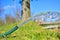 A stream of fresh, clean, cool water from a watering hose. Concept: watering plants in the garden, clean water at a country site.