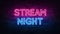 Stream night neon sign. purple and blue glow. neon text. Brick wall lit by neon lamps. Night lighting on the wall. 3d illustration