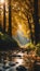 a stream running through the forest filled with rocks and trees