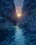 Stream running through a sapphire mine, beacon of light at the entrance, dusky sky, tranquil setting, eye-level shot, cinematic