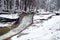 Stream in snowy forest of Krkonose mountains