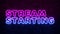 Stream starting background. Purple and Blue Neon inscription on a dark brick wall. Professional gaming stream banner design.