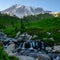 Stream Tumbles Over Rocks with Mount Rainier