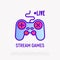Streaming of game thin line icon: gamepad with live sign. Modern vector illustration for blogger logo