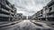 street of abandoned concrete brutalist buildings complex in a desolate landscape