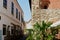 Street alley and old house facade with stone and stucco. palm tree at the side