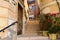 Street alley and stone stairs. old house facade with stucco. purple oleander