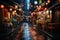 Street in the Alley of Tokyo After Rain at Night Surrounded by Shops