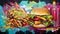 Street Appetite: Vibrant Graffiti-Style Mural of Burger and Fries