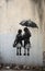 Street Art: Two Young Women Walking Under A Single Umbrella