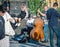 Street artists performers playing guitar and cello for tourists on Charles Bridge, Prague