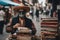 Street bookseller. A Mexican man in glasses and a mask sells old books at a street market. AI generated