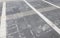 A street border painted in white and black on the background of the road and green foliage in the summer closeup. Road