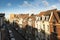 Street and buildings in Brussels in sunset light