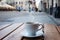 street cafe in Europe, cup of coffee on cozy cafe terrace