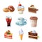 Street cafe products vector cartoon set. Chocolate, cupcake, cake, cup of coffee, donut, cola and ice cream