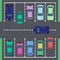 Street car parking. Top view street vehicle, public parking zone views and auto transport parking area, city auto park