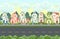 Street. Cartoon houses with a road. Asphalt. Village or town. Seamlessly. A beautiful, cozy country house in a