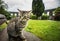 Street cat in Scottish park on rainy day.