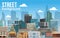 Street city background horizontal banner vector illustration. Modern town skyline. Architectural building in panoramic