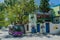 Street with colourful house and the bus at the Villingili island