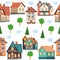 Street with cute houses seamless pattern. Village or city, neat cozy home