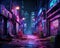 Street in cyberpunk city alley with graffiti and garbage.