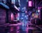 Street in cyberpunk city alley with graffiti and garbage.