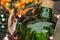 Street decoration of bottle, lights and tangerines