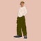 Street fashion men vector illustration. Young man in a fashionable clothes military style 90s 2000s in full growth posing
