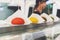 Street fast food, colored burger buns row on counter