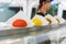 Street fast food, colored burger buns row on counter
